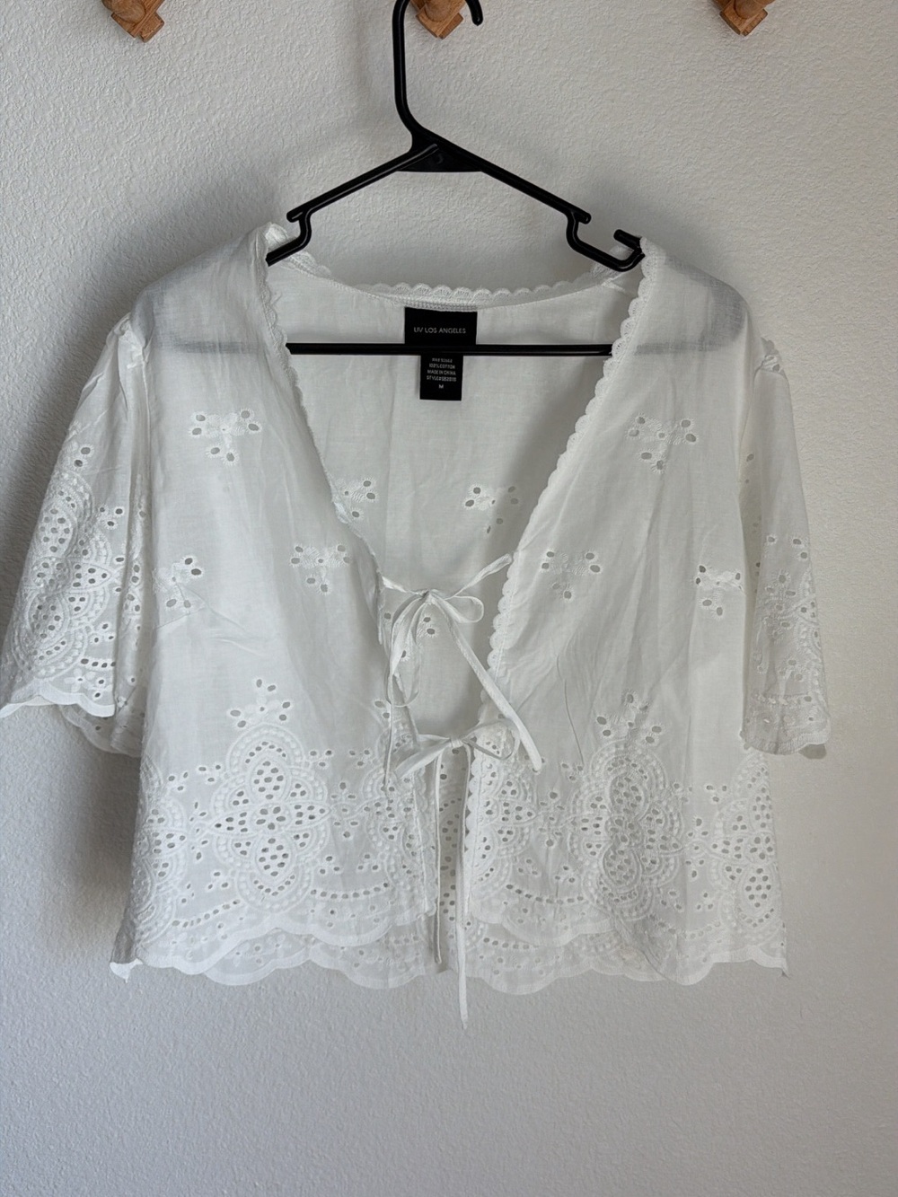 LIV Los Angeles White Cotton Tie Eyelet Top